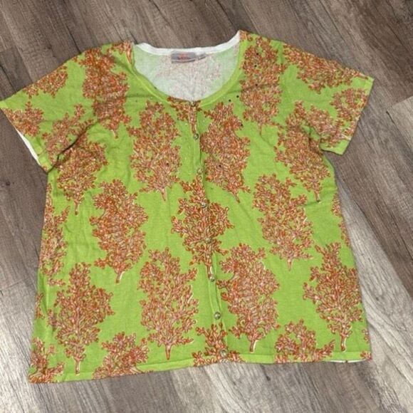 Quacker Factory Rhinestones Button Front Short Sleeve‎ Cardigan Green Orange 1X - Picture 2 of 11